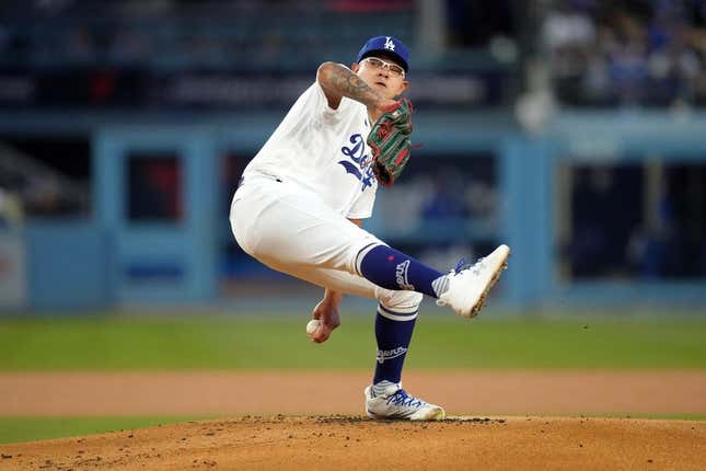 Apr 4, 2023; Los Angeles, California, USA; Los Angeles Dodgers starting pitcher Julio Urias (7) throws in the first inning against the Colorado Rockies at Dodger Stadium.