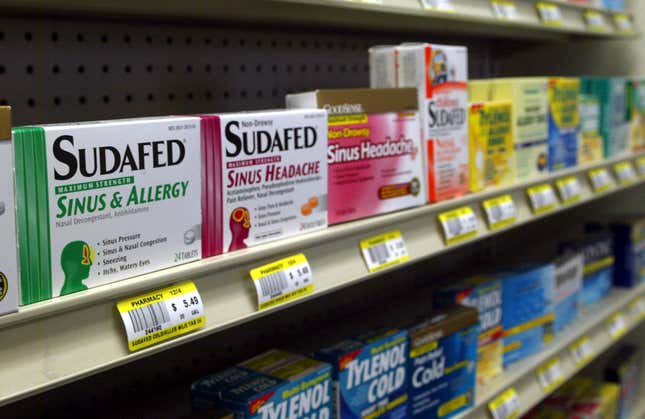 FILE - Sudafed and other common nasal decongestants containing pseudoephedrine are on display behind the counter at Hospital Discount Pharmacy in Edmond, Okla., Jan. 11, 2005. On Tuesday, Sept. 12, 2023 advisers to the Food and Drug Administration said that a different ingredient, phenylephrine, is ineffective at relieving nasal congestion. Drugmakers reformulated their products with phenylephrine after a 2006 law required pseudoephedrine-containing medications be sold from the behind pharmacy counter. (AP Photo, File)