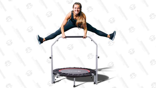 A woman bouncing on the foldable mini trampoline
