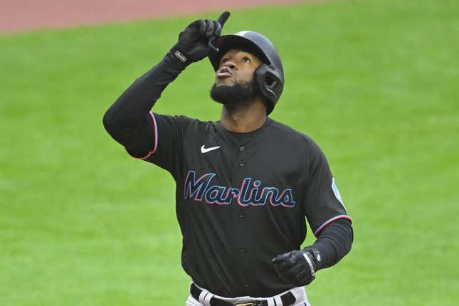 Apr 22, 2023; Cleveland, Ohio, USA; Miami Marlins left fielder Bryan De La Cruz (14) celebrates after hitting a solo home run against the Cleveland Guardians in the sixth inning at Progressive Field.