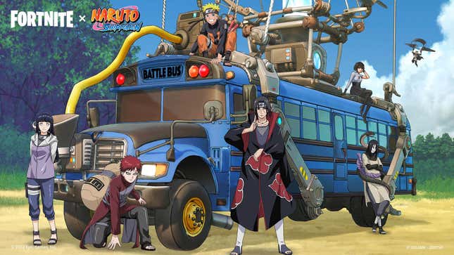 Naruto, Gaara, Itachi, Orochimaru, and Hinata stand outside Fortnite's battle bus. 