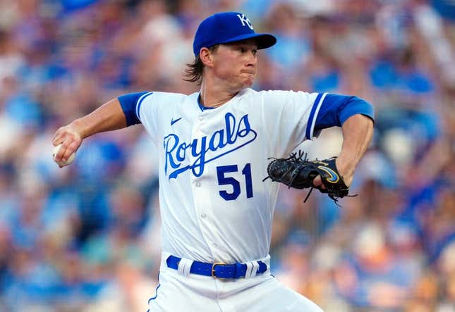 May 6, 2023; Kansas City, Missouri, USA; Kansas City Royals starting pitcher Brady Singer (51) pitches during the second inning against the Oakland Athletics at Kauffman Stadium.