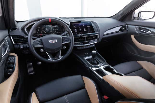 The black and tan interior of the 2023 CT5-V Blackwing with a manual transmission