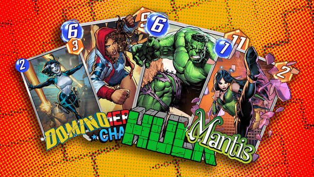 An image shows a collage of Marvel Snap cards including The Hulk and Mantis. 