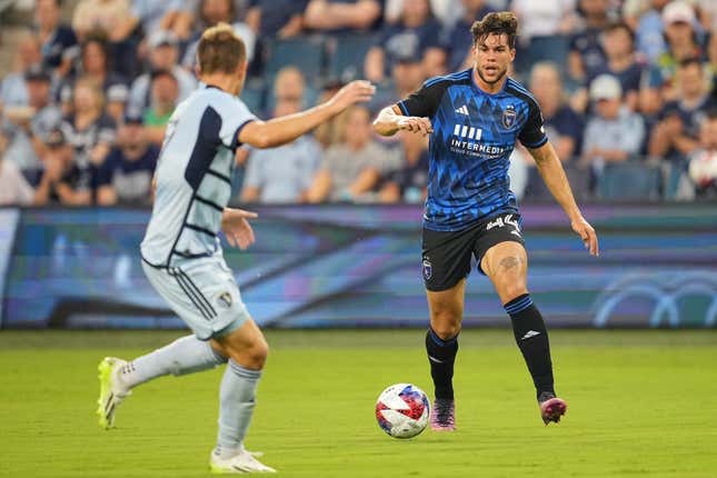 Aug 26, 2023; Kansas City, Kansas, USA; San Jose Earthquakes forward Cade Cowell (44) in action against Sporting Kansas City during the first half at Children&#39;s Mercy Park.