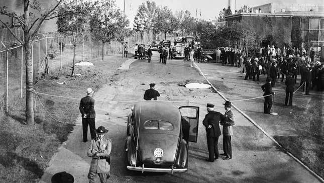 Bodies of two New York City detectives who were killed by the explosion  of a bomb on July 4, 1940 in New York City, which they had removed  moments before from the British Pavilion.