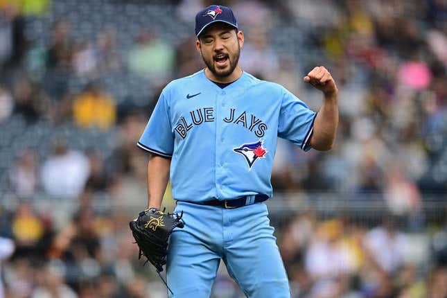 May 7, 2023; Pittsburgh, Pennsylvania, USA; Toronto Blue Jays starting pitcher Yusei Kikuchi (16) reacts after a ground out by Pittsburgh Pirates shortstop Rodolfo Castro (14) during the sixth inning at PNC Park.