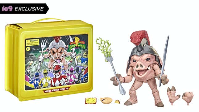 Hasbro's Power Rangers Lightning Collection Mighty Morphin Pudgy Pig figure holds a knife and fork next to his lunch box.