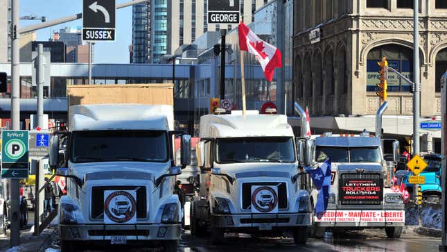 Truckers with the 'Freedom Convoy' assembled near the Parliament of Canada in downtown Ottawa on Feb. 7, 2022.