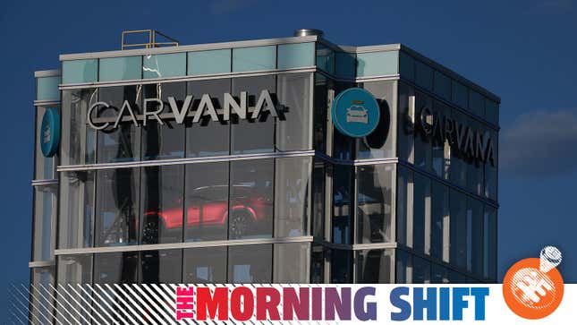 A photo of a Carvana building with The Morning Shift graphic along the bottom. 