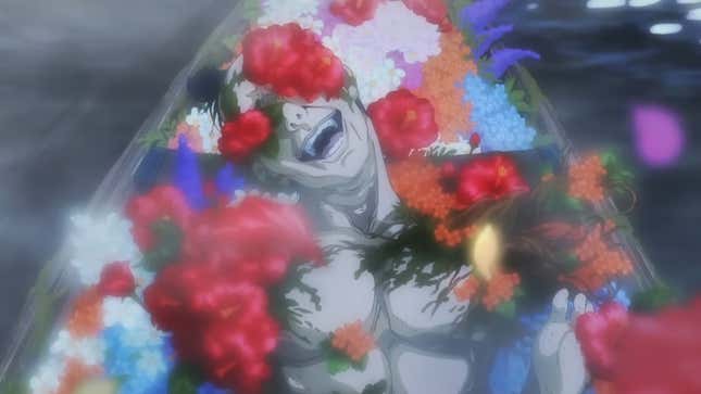 A laughing corpse buried in flowers.
