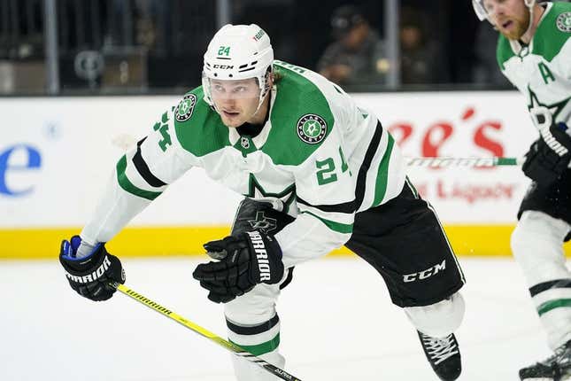 Feb 25, 2023; Las Vegas, Nevada, USA; Dallas Stars center Roope Hintz (24) skates during an overtime period against the Vegas Golden Knights at T-Mobile Arena.