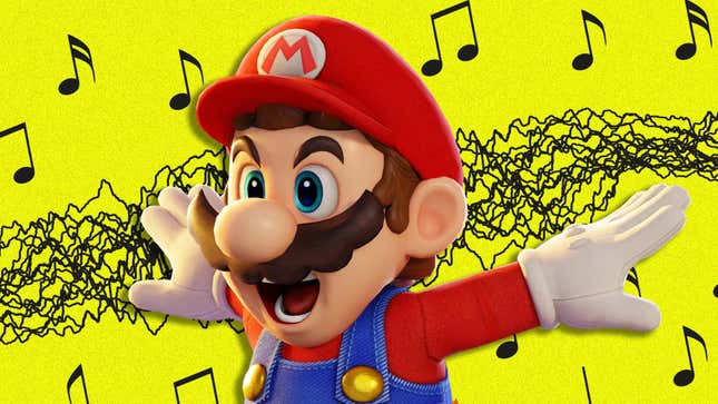 An angry Mario screams while standing in front of musical notes on a yellow background. 