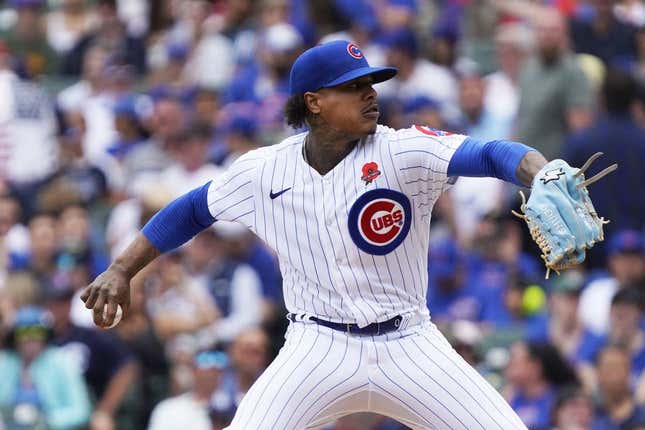May 29, 2023; Chicago, Illinois, USA; Chicago Cubs starting pitcher Marcus Stroman (0) throws the ball against the Tampa Bay Rays during the first inning at Wrigley Field.