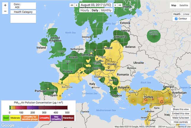 A snapshot of particulate pollution across Europe on Aug. 3, 2017.