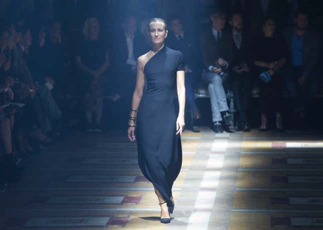 paris fashion week, older models, A model wears a creation for Lanvin's Spring/Summer 2015 ready-to-wear fashion collection, presented in Paris, France, Thursday, Sept. 25, 2014. (AP Photo/Jacques Brinon)