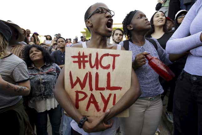 Students protest during a mass demonstration about school fees at University of Cape Town, October 2015. .