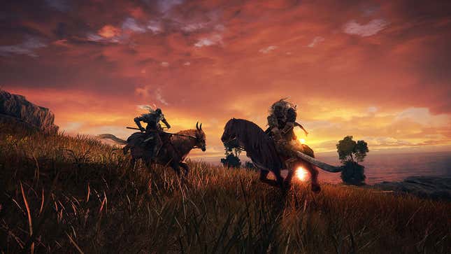 Two Elden Rings warriors joust in front of the setting sun.