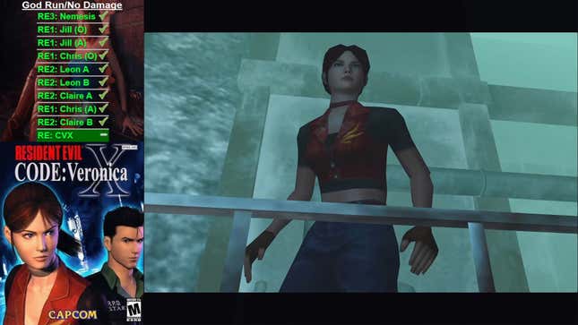 Claire Redfield stands at the ready in a snowy facility, while a bar on the left side of the screen shows the streamer's progress through the sequence of games.