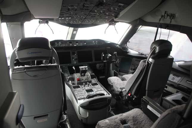 The cockpit of a Boeing 787 Dreamliner.