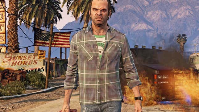 A screenshot shows a man walking away from fire in GTA V. 