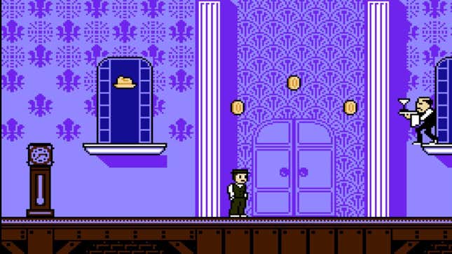 A pixel Nick Carraway stands under three floating coins in The Great Gatsby video game.