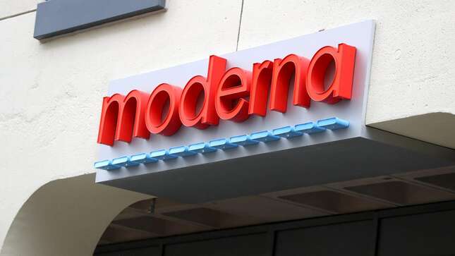 A sign at the Moderna headquarters is seen in Cambridge, Massachusetts.