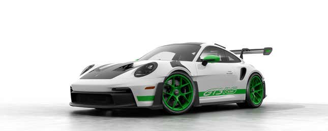 A white and green Porsche 911 GT3 RS is parked in front of a white background