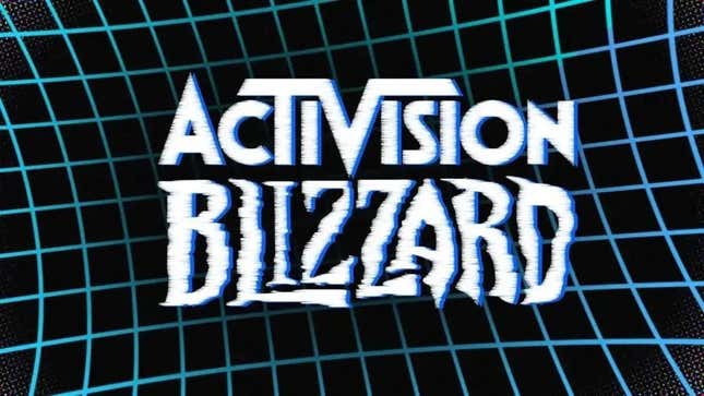 An Activision Blizzard logo hangs in front of a futuristic grid background. 