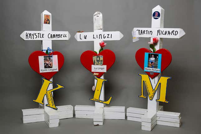 Crosses for Boston Marathon bombing victims Krystle Campbell, Lu Lingzi and Martin Richard, artifacts saved from the makeshift Boston Marathon bombing memorial.