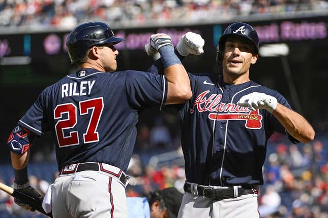 Apr 1, 2023; Washington, District of Columbia, USA; Atlanta Braves first baseman Matt Olson (28) celebrates with third baseman Austin Riley (27) after hitting a solo home run against the Washington Nationals during the first inning at Nationals Park.