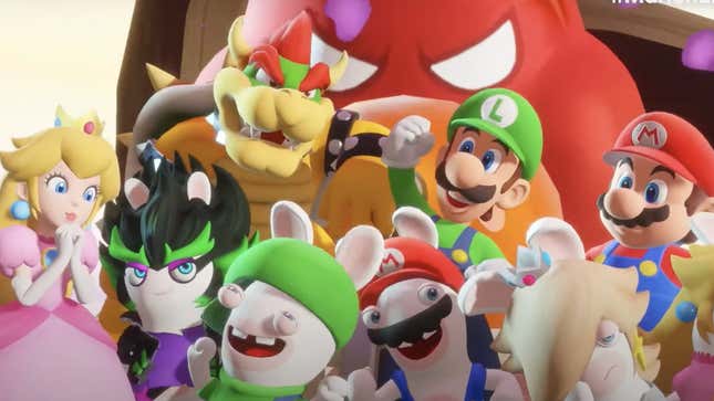 Rabbids pose for a photo with Mario and friends. 