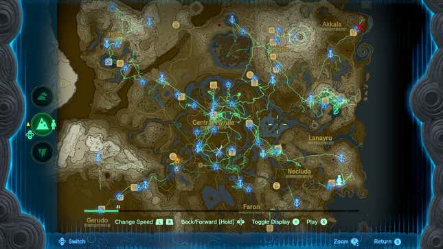 A screeshot of a map shows every place traveled in the game's world.