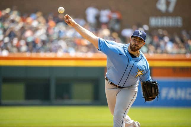 Aug 5, 2023; Detroit, Michigan, USA; Tampa Bay Rays Starting pitcher Aaron Civale (34) delivers in the first inning against the Detroit Tigers at Comerica Park.