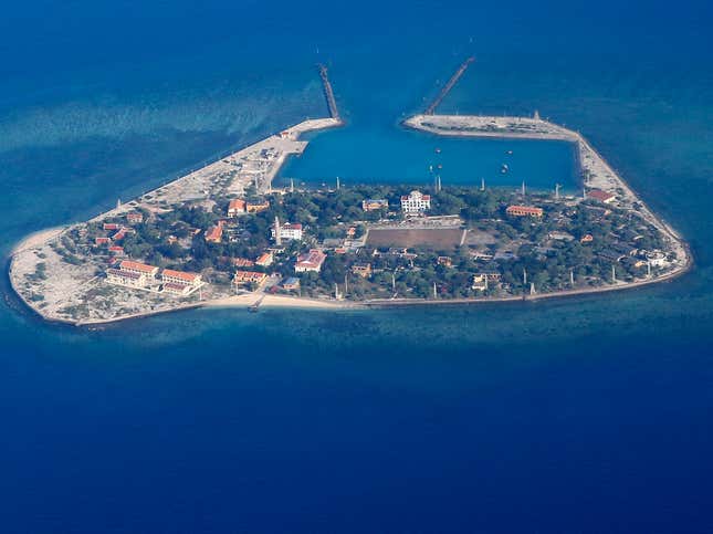 An aerial view of Southwest Cay islet, part of the Spratly islands, being claimed by Vietnam in the disputed South China Sea, 21 April 2017. According to news reports, President Rodrigo Duterte has ordered the Armed Forces of the Philippines (AFP) to occupy all islands of the Philippines in the South China Sea to strengthen the country's claims. Aside from Philippines and China, other countries have overlapping claims in parts of the South China Sea including Brunei, Malaysia, Vietnam and Taiwan.