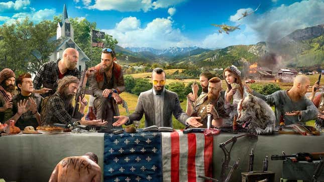 Ana resim Far Cry 5'in kötü adamlarını bir ziyafette gösteriyor.  