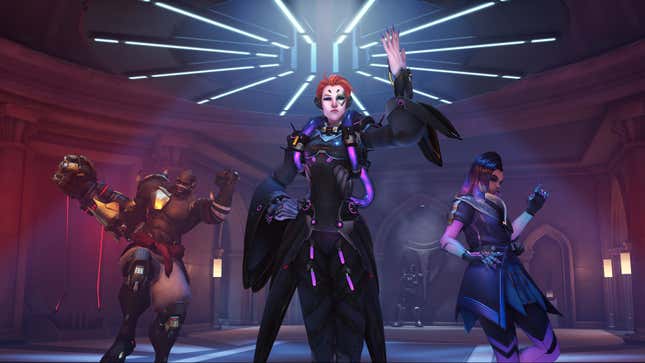 Moira poses regally while Doomfist and Sombra dance around her.