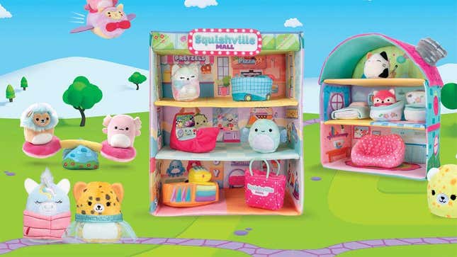 A photo of some of Jazware's Squishville sets, featuring tiny two-inch plushes and playsets. 