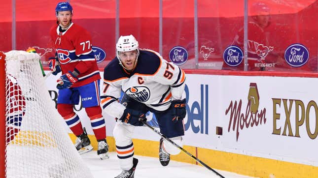 Connor McDavid of the Edmonton Oilers skates against the Montreal Canadiens during the third period at the Bell Centre on May 12, 2021 in Montreal, Canada. The Edmonton Oilers defeated the Montreal Canadiens 4-3 in overtime.