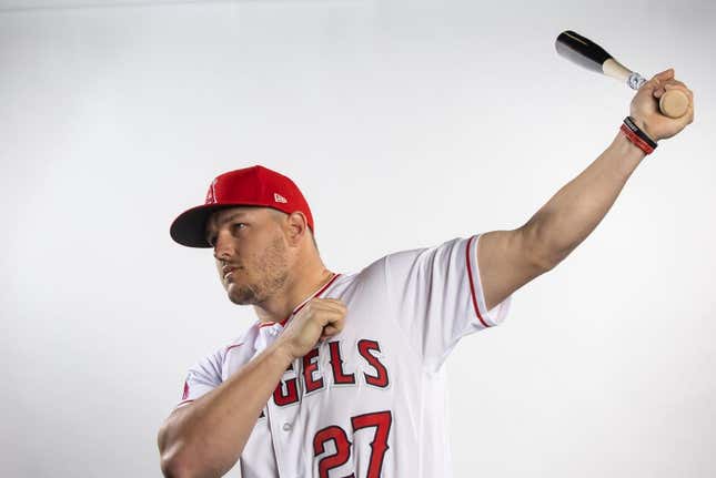 Feb 21, 2023; Tempe, AZ, USA; Los Angeles Angels outfielder Mike Trout poses for a portrait during photo day at the teams practice facility.