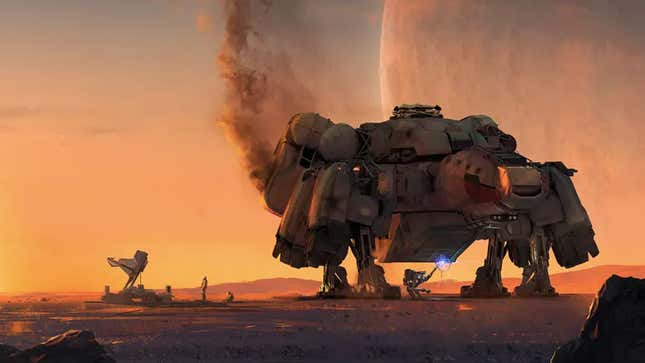 starfield concept art showing a space ship on a dusty planet at sunset