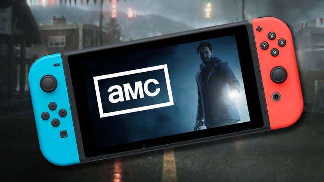 An image of a Switch floating in front of a foggy town with Alan Wake on the screen next to the AMC tv logo. 