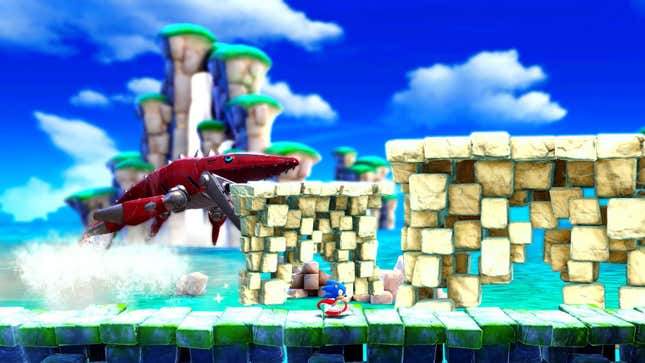 Sonic is seen running while a robot fish lunges toward him.