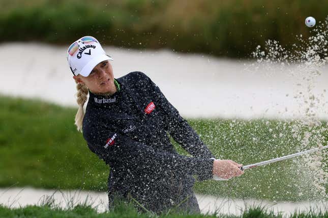Jul 7, 2023; Pebble Beach, California, USA; Madelene Sagstrom hits out of a bunker on the seventeenth hole during the second round of the U.S. Women&#39;s Open golf tournament at Pebble Beach Golf Link.