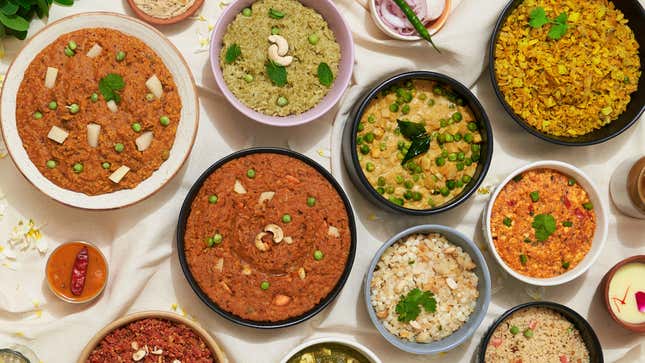 Overhead shot of Indian dishes on table