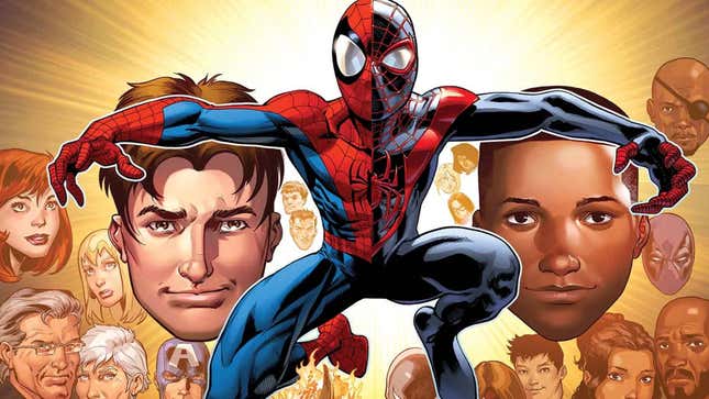 غلاف مشترك لـ Ultimate Spider-Man #200 يضم بيتر باركر ومايلز موراليس وطاقمهم الداعم.