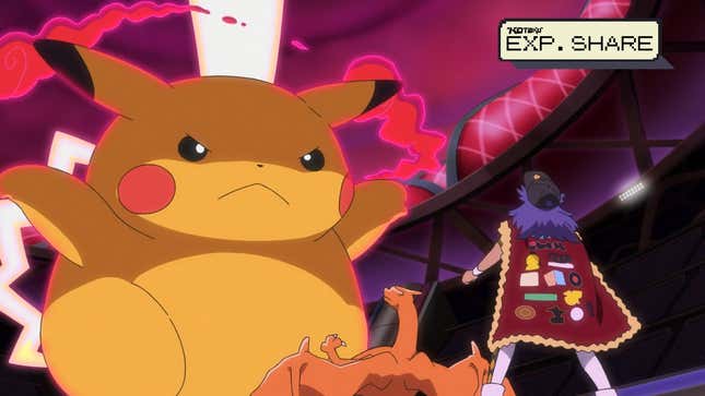 Gigantamax Pikachu is shown towering over Charizard and Leon.