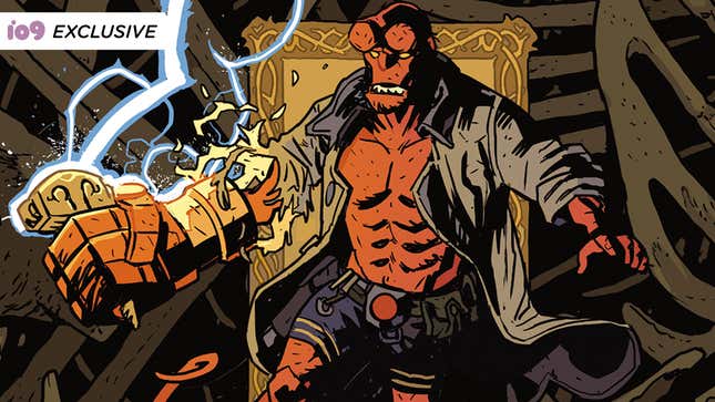 Hellboy wields the legendary hammer of Thor, Mjolnir, in cover art for The Bones of Giants.