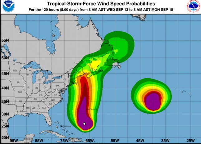 Hurricane Lee moving up the East Coast of the U.S. on September 13. 