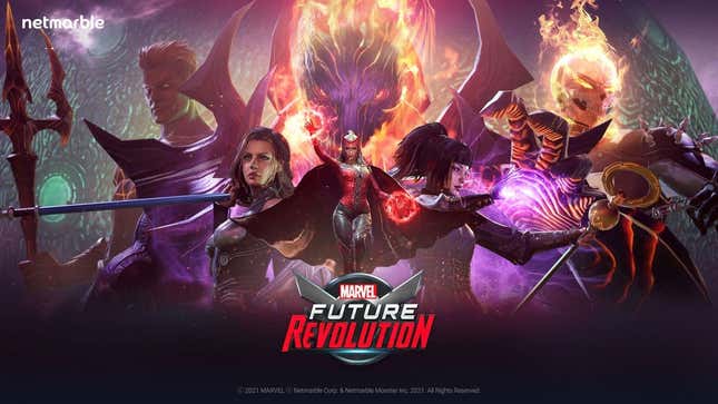A splash image for Marvel Future Revolution's Dormammu update, featuring Scarlet Witch, Ghost Rider, and more. 